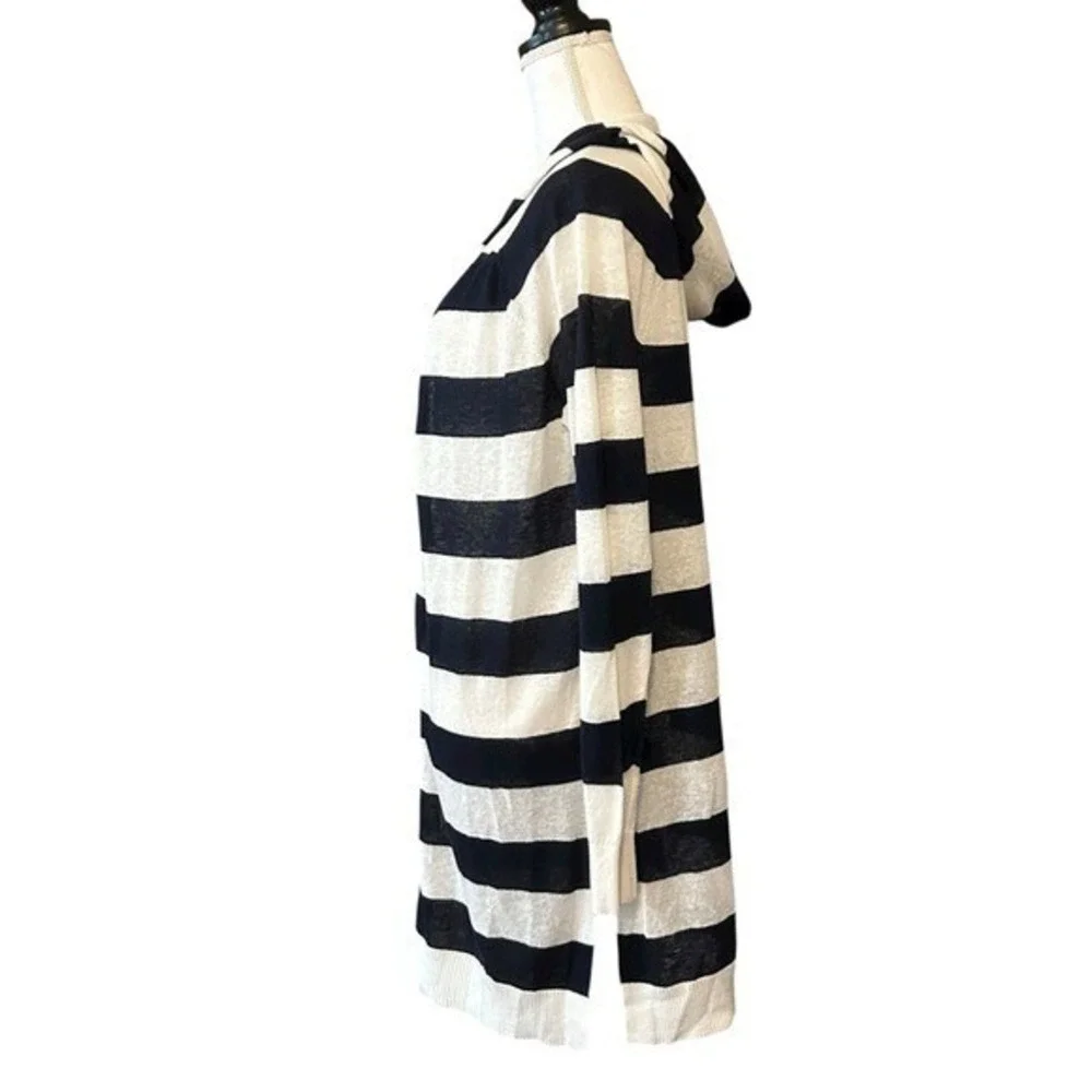 LOFT Striped‎ Hooded Lightweight Cardigan Sweater SZ Medium Navy White